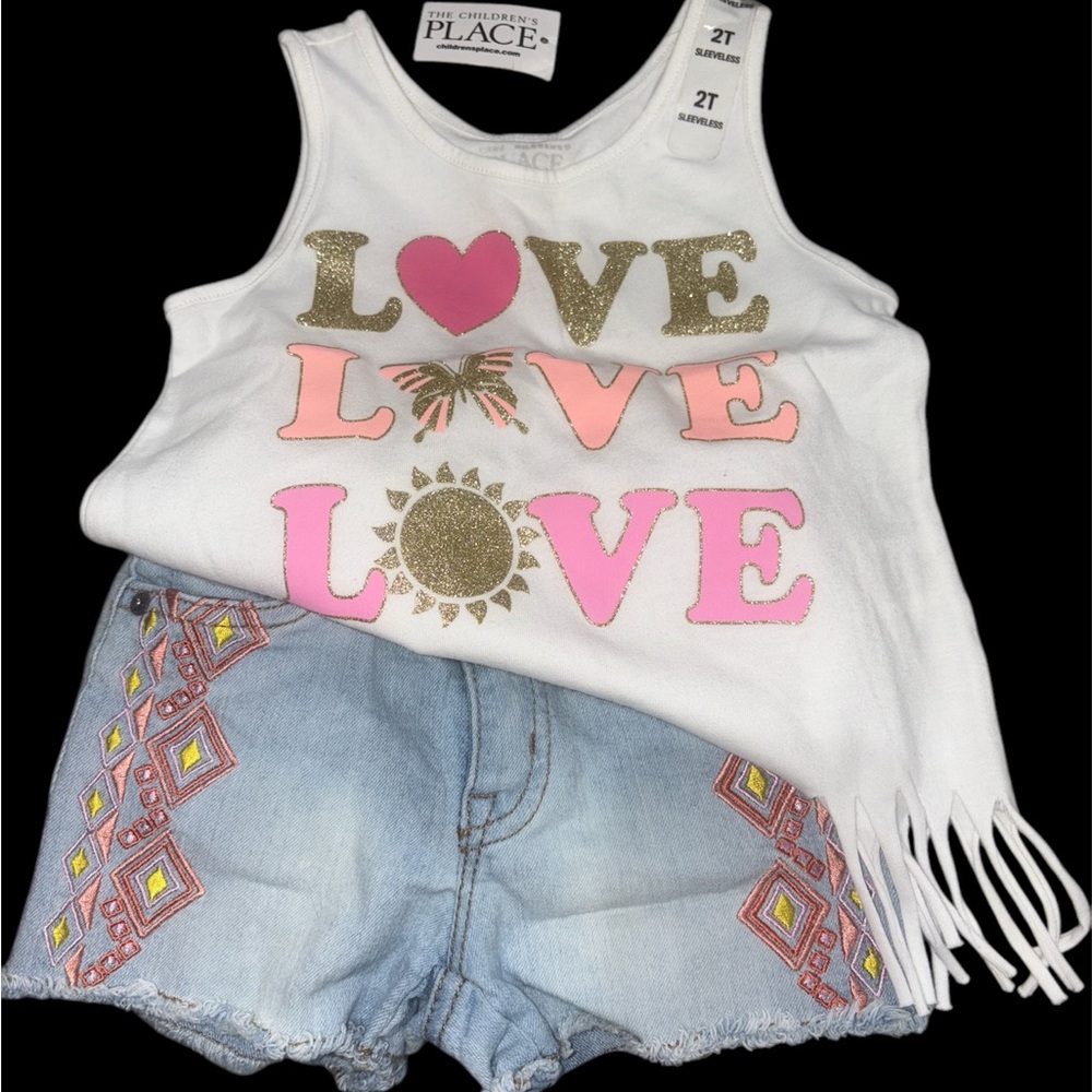 Girls' White and Pink Love Fringe Tank with Denim Shorts